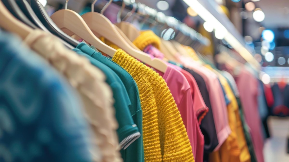 Colorful clothing on hangers.